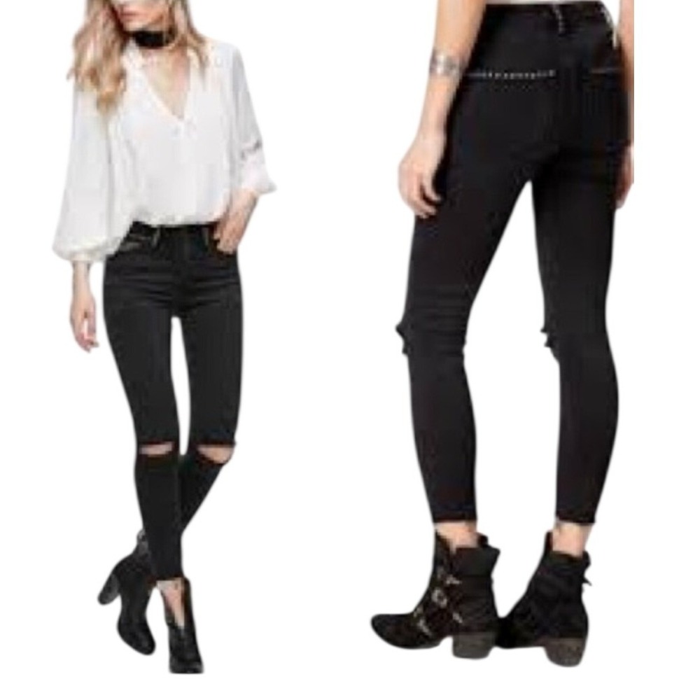 Free People 26 Black Mid Rise Studded Payton Skinny Jeans Rip Knees Raw Hem